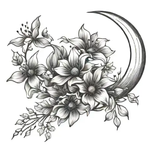 Crescent moon wild flowers tattoo design idea