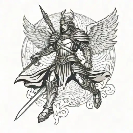 archangel saint michael tactical warrior without helmet with a sword and wings tattoo design idea