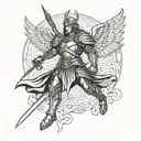 archangel saint michael tactical warrior without helmet with a sword and wings tattoo design idea