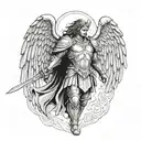 archangel saint michael tactical warrior without helmet with a sword and wings tattoo design idea