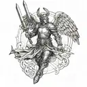 archangel saint michael tactical warrior without helmet with a sword and wings tattoo design idea