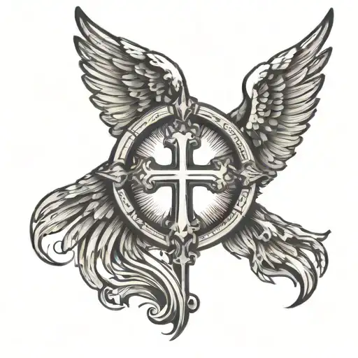 BEACH WITH A CHRISTIAN CROSS CONTAINED IN A CIRCLE. WITH ANGEL WINGS ABOVE tattoo design idea