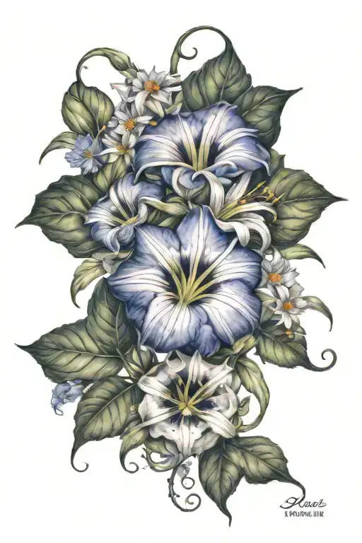 morning glory and aster flowers wrapped tattoo design idea