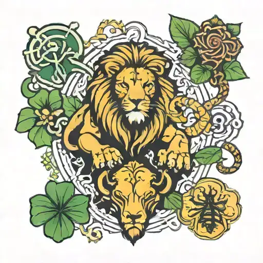 three-leaf clover, lion, scorpion and libra zodiac sign tattoo design idea