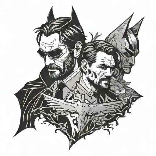 A tattoo design merging the iconic silhouettes of Batman and John Wick in a bold blackwork style tattoo design idea