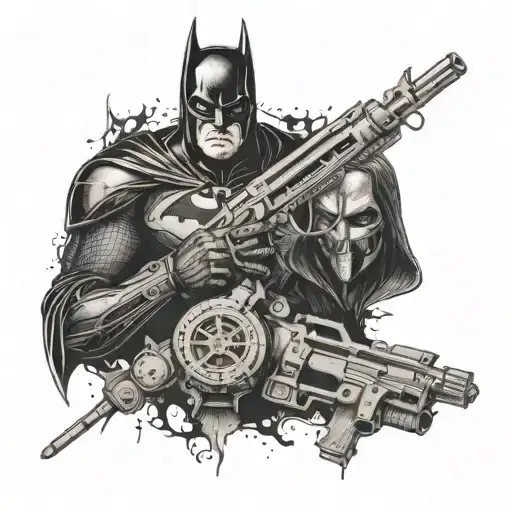 A dotwork tattoo of Batman and John Wick's weapons and gadgets intertwined in a creative design tattoo design idea