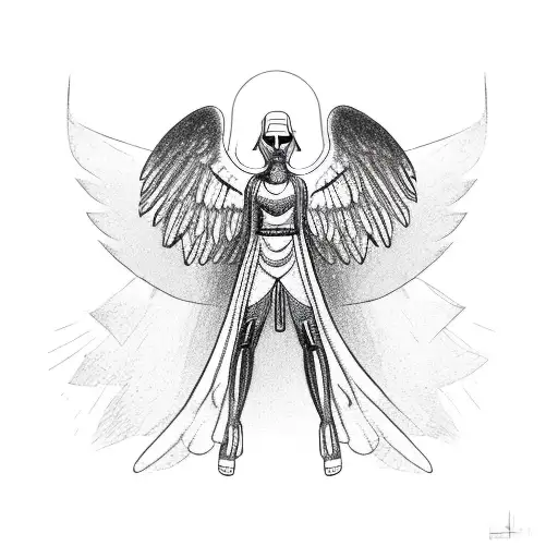 full body angel with wings wearing a cape with the eye of osiris  tattoo design idea