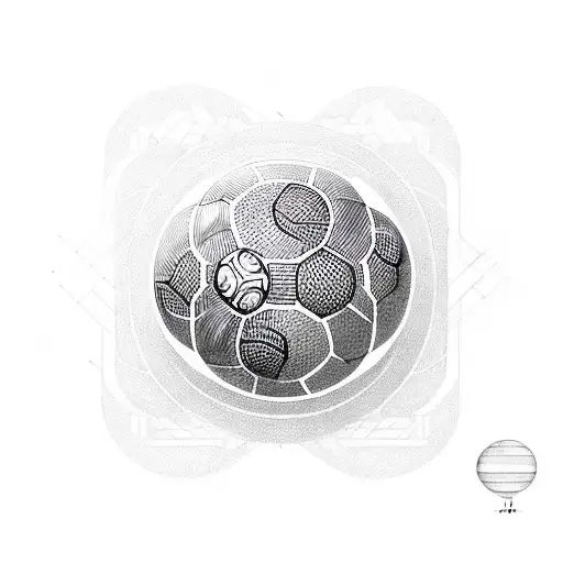 A geometric design incorporating soccer balls, musical instruments, and Japanese kanji characters tattoo design idea