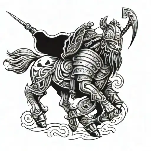 A tattoo combining elements of Serbian folklore and Norse mythology, depicting a warrior from each culture in battle tattoo design idea