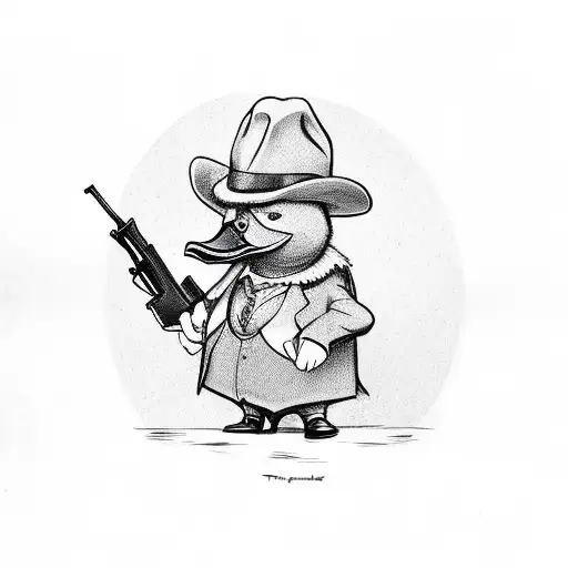 little duck with a holding a tommy gun in one hand, a vest from the 3-piece suit, and a fedora tattoo design idea