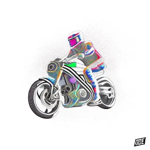 A motorbike racing through a maze of colorful pills tattoo design idea