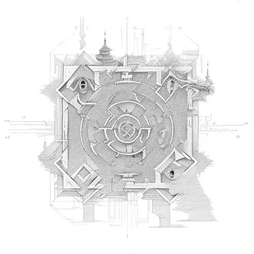 A labyrinth made of paintbrushes and architectural blueprints tattoo design idea