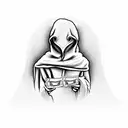 Create a hooded figure holding a stack of money with gun motifs integrated into the design tattoo design idea