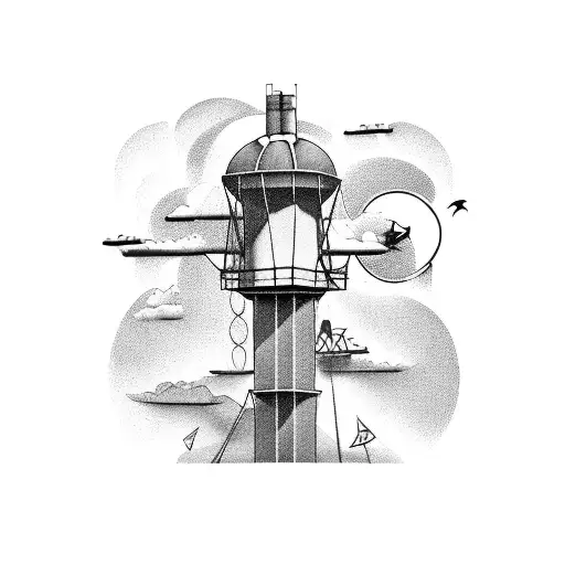A surreal scene featuring a modern water tower and radio towers floating in the sky tattoo design idea
