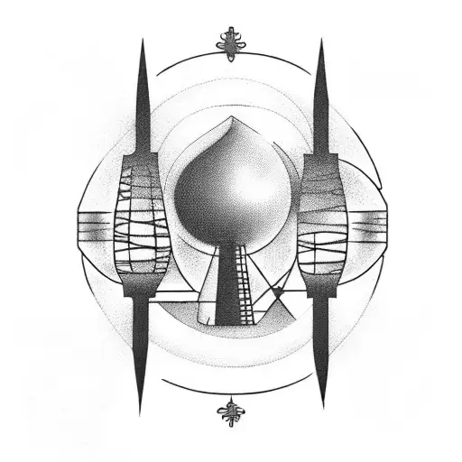 A mesmerizing blackwork design featuring a mystical portal opening up to a 1990s-inspired world with a water tower and two radio towers tattoo design idea