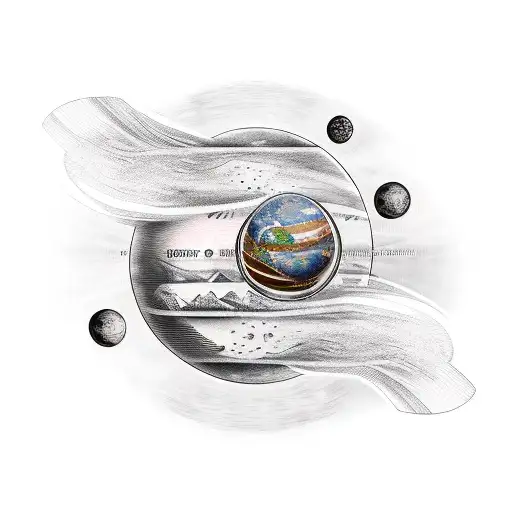 A tattoo design featuring a stack of money with planets orbiting around it, reflecting the client's interest in money and planets tattoo design idea