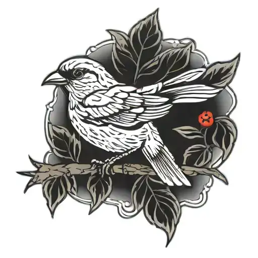 old school style, bird sparrow, red wings, on fly  tattoo design idea