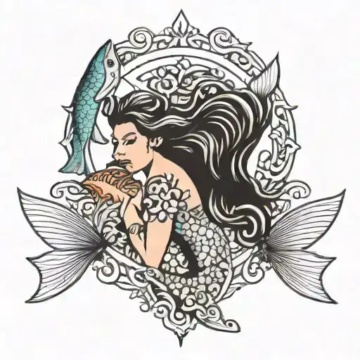 mermaid and salmon tattoo design idea