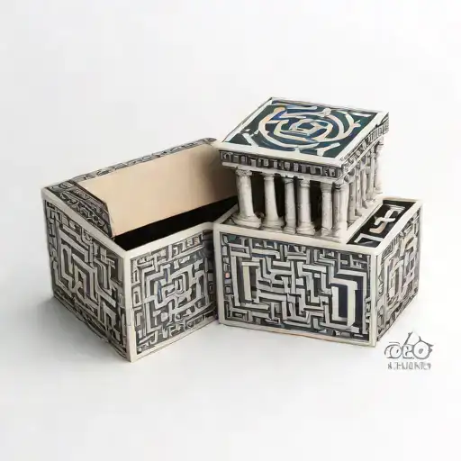 A box with a greek key design. Inside the box are four squares. Inside each square is one of the four Stoic virtues tattoo design idea