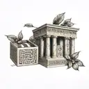 A box with a greek key design. Inside the box are four squares. Inside each square is one of the four Stoic virtues tattoo design idea