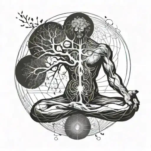 life begins with genes and DNA, forms up roots of a tree and a man is born doing meditation and its aura begin to form a tattoo design idea