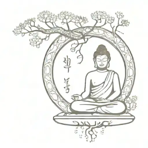Buddha sitting on elevated stone on space. Below the stone is the tree of life with DNA symbol on roots. Dotted tatto tattoo design idea