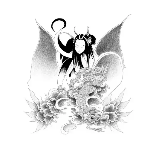 tattoo placed on inner part of forearm. japanese and devilish succubus-geisha with full of black hair tattoo design idea