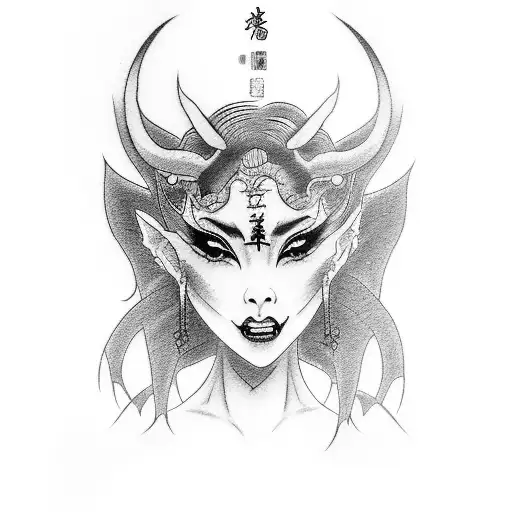 tattoo placed on inner part of forearm. japanese and devilish succubus-geisha with a full of black ink tattoo design idea