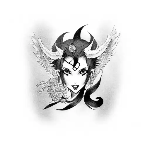 japanese succubus forearm with a full of black ink at the top of the forearm tattoo design idea
