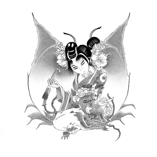 tattoo placed on inner part of forearm. japanese and devilish succubus-geisha with a full of black ink tattoo design idea