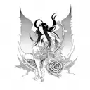 tattoo placed on inner part of forearm. japanese and devilish succubus-geisha with full of black hair tattoo design idea