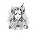 tattoo placed on inner part of forearm. japanese and devilish succubus-geisha with a full of black ink tattoo design idea