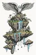 floating island with rocks falling angel with feathers flying tattoo design idea