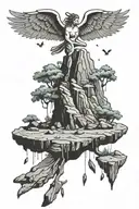 floating island with rocks falling angel with feathers flying tattoo design idea