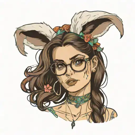sexy skinny european woman, long face, long brown hair, big roman nose, glasses, small lips, white bunny ears tattoo design idea