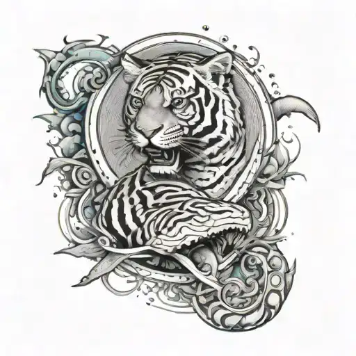 Create a tattoo of a tiger and a shark circling each other in a yin yang symbol tattoo design idea