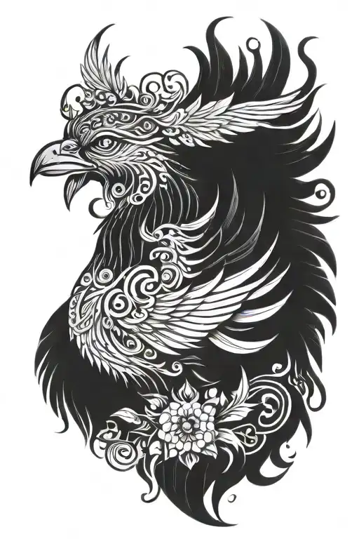 black and white composition of a phoenix, a bull with the sign of twins on its forehead and mandalas tattoo design idea