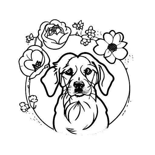 A simple silhouette of your pet dog surrounded by flowers tattoo design idea
