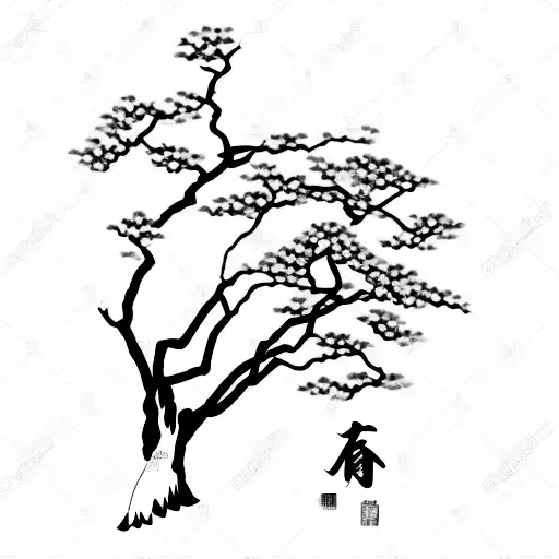 A tranquil image of a Japanese garden with a small dog resting under a cherry blossom tree tattoo design idea