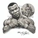 A tattoo design of Mike Tyson with a philosophical quote by Alan Watts, merging the client's admiration for both figures. tattoo design idea