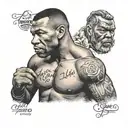 A tattoo design of Mike Tyson with a philosophical quote by Alan Watts, merging the client's admiration for both figures. tattoo design idea