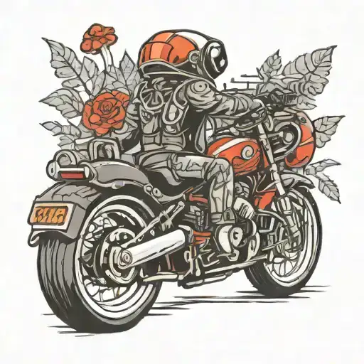 crotch rocket motorcycle riding, mushrooms Forest, head on, cannibas  tattoo design idea