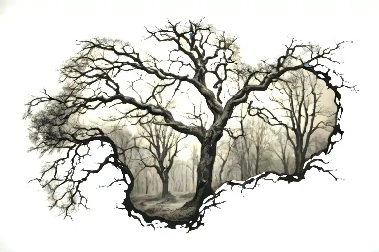lonely leafless tree branches in a forest landscape tattoo design idea