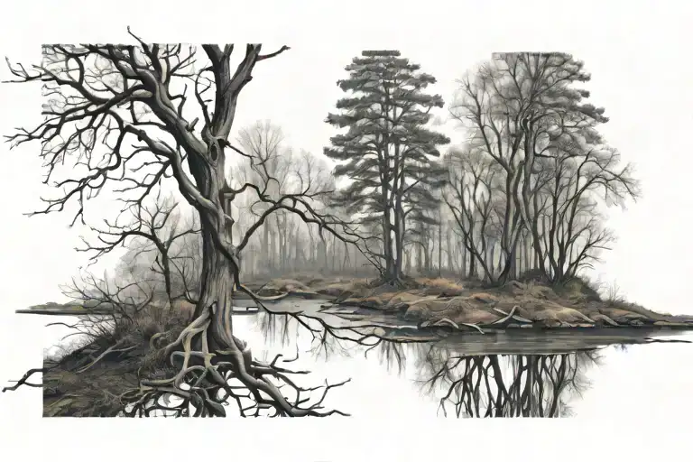 leafless tree branches in a forest landscape tattoo design idea