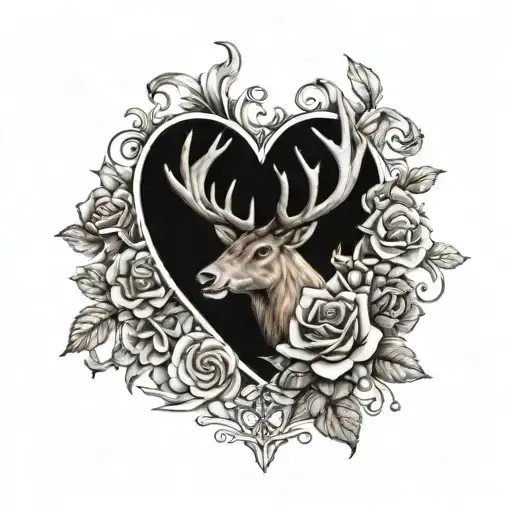 Tattoo with a heart, reindeer, trumpet, rose, scorpion and lady tattoo design idea