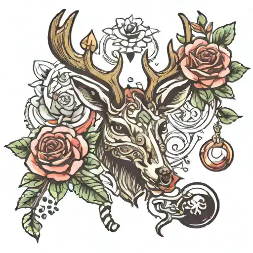 Tattoo with a heart, reindeer, trumpet, rose, scorpion and lady tattoo design idea