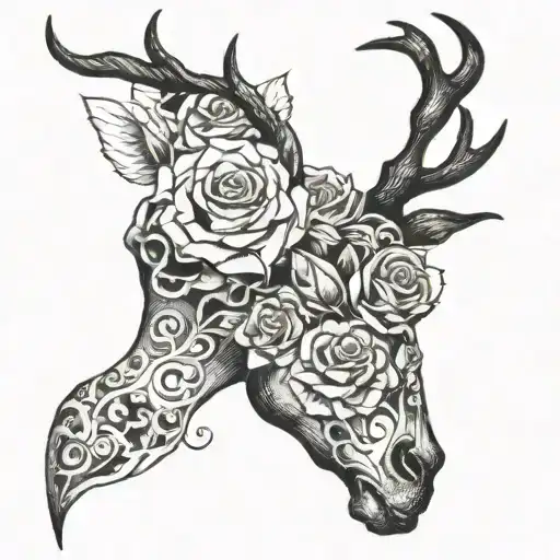 human heart, reindeer, trumpet, rose, scorpion and lady tattoo design idea