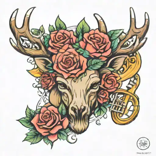 Tattoo with a heart, reindeer, trumpet, rose, scorpion and lady tattoo design idea