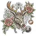 Tattoo with a heart, reindeer, trumpet, rose, scorpion and lady tattoo design idea