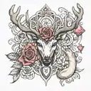 Tattoo with a heart, reindeer, trumpet, rose, scorpion and lady tattoo design idea